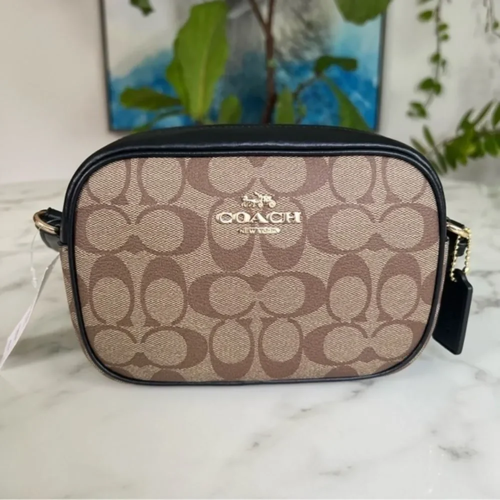 NWT Coach Mini Jamie Camera Bag In Signature Canvas C9926 Khaki Black Gold